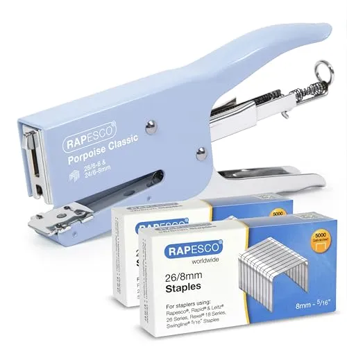 Rapesco 1355A Porpoise Classic Heftzange mit 10.000 Heftklammern des Typs 26/8 mm, 45 Blatt Kapazität, Hellblau