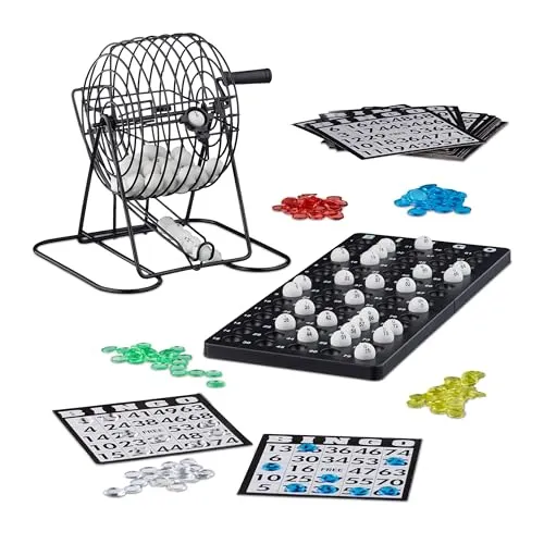 Bingo Spielset mit tragbarer Metalltrommel - Gesellschaftsspiel mit bunter Bingo Maschine, perfekt für gesellige Abende und Familienfeiern. Ideal für bis zu 12 Spieler!