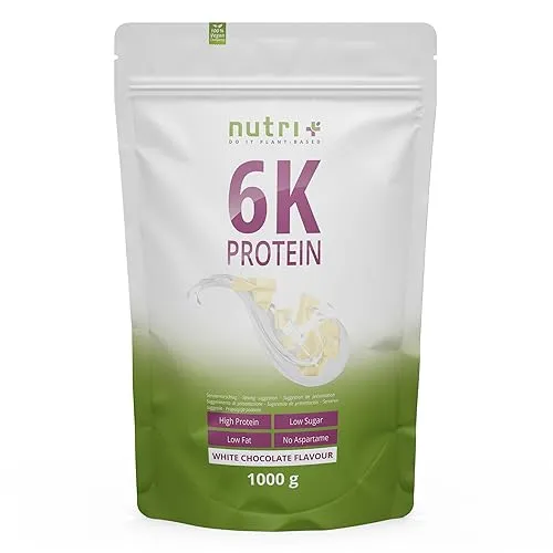nutri+ Proteinpulver 6K - Weiße Schokolade - Veganer Mahlzeitenersatz mit 6 hochwertigen Eiweißquellen. Ideal für Sportler zur Unterstützung der Ernährung nach dem Training. Einfach in Wasser anrühren und genießen!