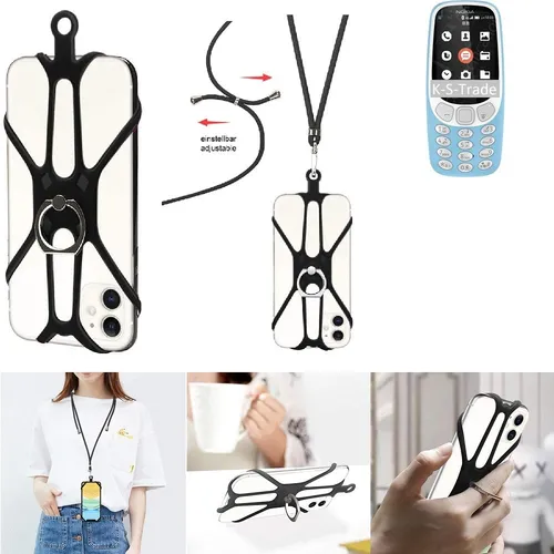Handykette für Nokia 3310 4G – Praktischer Handy-Ring und Ständer - Taschen & Schutzhüllen – Handykette mit Tischständerfunktion, ideal für unterwegs und Zuhause, passend für Nokia 3310 4G, in Schwarz-Silber.