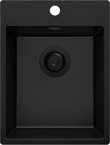 PRIMAGRAN Spülbecken Alles Schwarz 38x50cm - Granitspüle für 40er Unterschrank - Kompakte Einbauspüle Riga 40 Easy mit kratzfester Oberfläche und modernem Design. Ideal für kleine Küchen, bietet sie viel Platz und Flexibilität bei der Montage. Inklusive Abflusssystem für einfachen Anschluss.