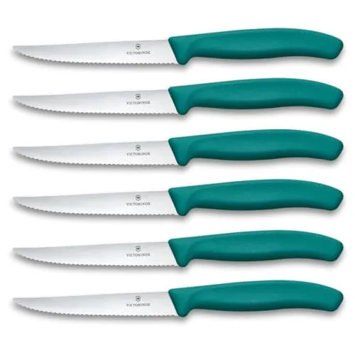 Victorinox Swiss Classic Profi Steak- und Pizzamesser-Set, 6-teilig, Tafelmesser, Wellenschliff, Scharfe Klingen, 11 cm, Robuste Kunststoffgriffe, Grün