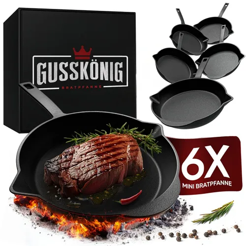 6er Set Mini-Gusseisen-Pfannen 13,5 cm für Induktion und Grill - Kompakte Bratpfannen aus robustem Gusseisen, ideal für vielseitige Zubereitung auf allen Herdtypen. Perfekt für gleichmäßige Hitzeverteilung und exzellente Bratergebnisse.