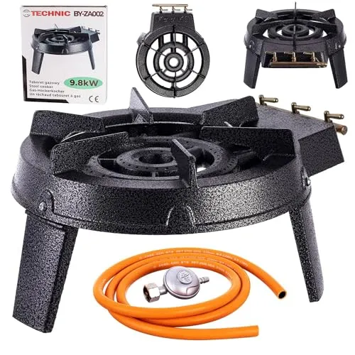 Gas-Hockerkocher 9,8kW mit Gusseisenstruktur - Gaskocher für PROPAN/BUTAN, ideal für Gastronomie und Camping. Mit stufenlos regulierbaren Flammen und einer Tragfähigkeit von bis zu 150 kg, perfekt für große Töpfe bis 100 Liter.