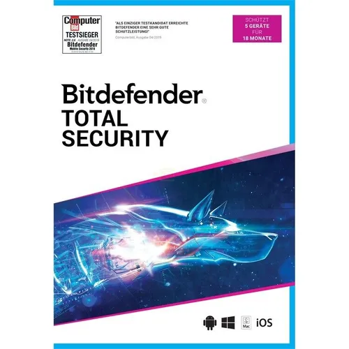 Bitdefender Total Security 5 Geräte - 18 Monate - Antivirus-Software für 5 Geräte, umfassender Schutz für Android, Mac, Windows und iOS, 18 Monate Laufzeit, einfach per E-Mail aktivierbar.