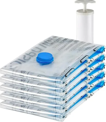Amazon Basics Vakuumbeutel für Kleidung - 5er-Pack, Groß mit Handpumpe - Vakuum-Platzsparer: 5 große, luftdichte Beutel (80 x 60 cm) komprimieren Kleidung um 80% und schützen vor Feuchtigkeit und Gerüchen. Inklusive praktischer Handpumpe für Reisen.