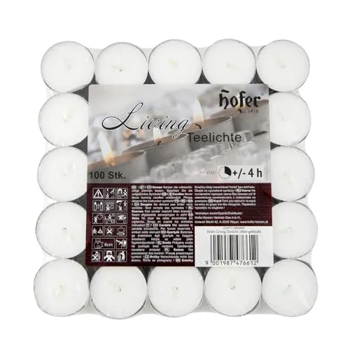 Hofer - Kerzen Teelichter, tealight ohne duft, 100 Stück Set, in Metallhülsen, bis zu 4h Brenndauer, Durchmesser 38 mm, Farbe weiß, Tropffrei Wachskerzens, Hergestellt in Österreich