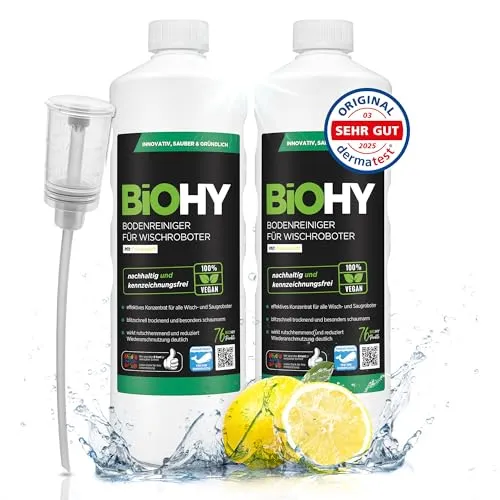 BiOHY Bodenreiniger für Wischroboter (2 x 1 Liter) - Schaumarm & Streifenfrei - Effektiver Bodenreiniger für Wischroboter, ideal für alle wasserbeständigen Böden. Schnelltrocknend und mit frischem Duft, sorgt für eine gründliche Reinigung ohne Rückstände.