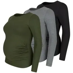 M.M.C. Umstandsshirt 3er Set unifarben Umstandsmode Schwangerschaft Schwangerschaftsshirt, Langarm (Schwarz, Dunkelgrau, Khaki, Large)