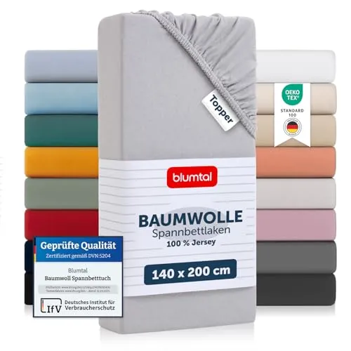 Blumtal® Basics Spannbettlaken Topper 140x200cm Jersey - Bettlaken 140x200cm aus 100% Baumwolle - Oeko-TEX zertifiziertes Spannbetttuch 140x200cm - Topper Spannbettlaken- Moonlight Grey - Grau