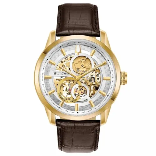 Bulova Automatic Sutton - Herren Uhr - Hochwertige Herrenuhr aus der Bulova Kollektion mit 43 mm goldenem Stahlgehäuse, braunem Lederarmband und automatischer Bewegung. Wasserdicht bis 3 ATM.