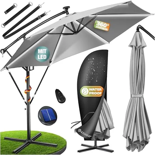 KESSER Ampelschirm 350cm - Hellgrau mit LED Beleuchtung - Sonnenschirm mit neigbarer Kurbelmechanik und integrierter LED Beleuchtung, ideal für entspannte Abende im Garten oder auf der Terrasse.
