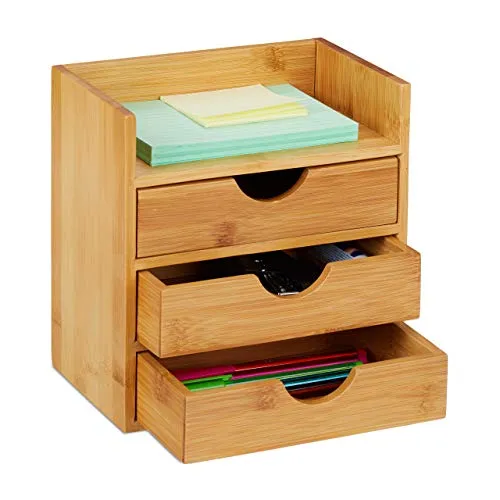 Relaxdays Schreibtisch Organizer aus Bambus mit 3 Schubladen - Ordnung leicht gemacht: Der Schreibtisch Organizer aus Bambus bietet Platz für Klebezettel, Stifte und mehr. Mit 3 Schubladen und einer Ablagefläche sorgt er für eine aufgeräumte Arbeitsumgebung. Maße: HxBxT: ca. 21 x 20 x 13 cm.