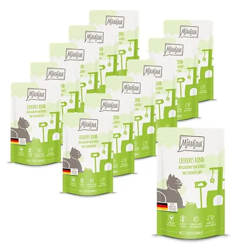 MjAMjAM - Premium Nassfutter für Katzen - Quetschie - leckeres Rind an gedämpftem Kürbis, 12er Pack (12 x 125 g), getreidefrei mit extra viel Fleisch