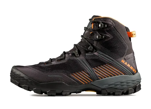Mammut Ducan II High Wanderschuhe Herren - Black-Dark Tangerine, Größe 45 1/3 - Leistungsstarke, wind- und wasserdichte Wanderschuhe mit atmungsaktiver GORE-TEX Membran; ideal für jedes Terrain dank Flextron-Technologie und Federstahlsohle für effektive Dämpfung.