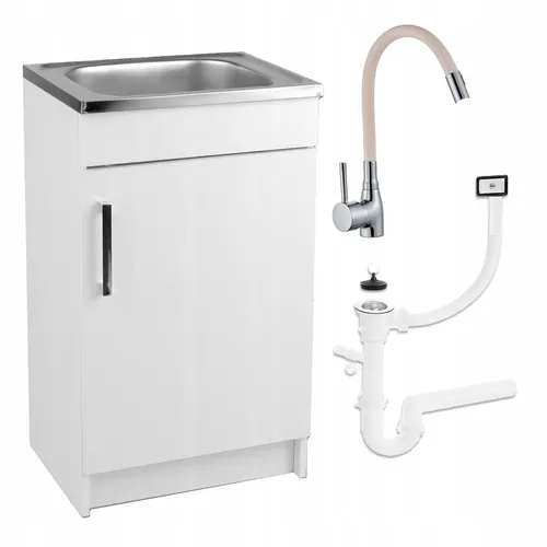 Stamar Küchenschrank mit Spüle und flexibler Armatur - Küchenunterschrank in Weiß mit Spüle und flexibler beige Armatur, ideal für kleine Küchen. Passt sich individuell an Ihre Bedürfnisse an und vereint Funktionalität mit elegantem Design.