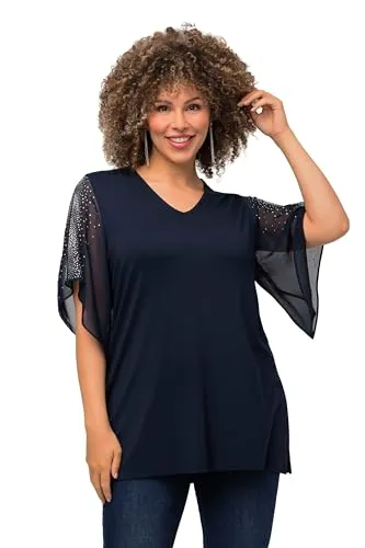 Ulla Popken Damen große Größen Übergrößen Plus Size Tunika, Glitzersteinchen, A-Linie, V-Ausschnitt, 3/4-Arm Marine 46+ 804684133-46+