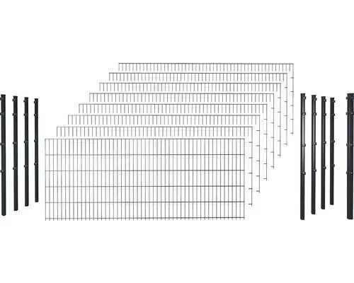 Doppelstabmattenset Typ 8/6/8 inkl. Pfosten und Eckpfosten - Robuster Gartenzaun in Anthrazit, ideal für Sicherheit und Sichtschutz im Garten, inklusive Klemmhalter für einfache Montage.