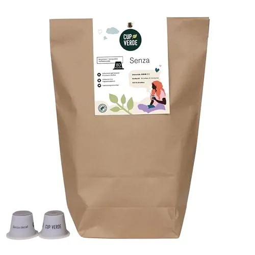 CUP VERDE – 80 koffeinfreie SENZA Kaffeekapseln für Nespresso* - Genießen Sie vollen Kaffeegeschmack ohne Koffein! Unsere nachhaltigen Kapseln aus nachwachsenden Rohstoffen sind biologisch abbaubar und bieten ein unvergleichliches Aroma für den täglichen Genuss.