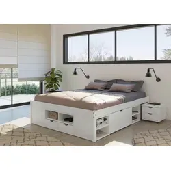 Inter Link Funktionsbett Till 180x200 aus Massivholz - Betten mit viel Stauraum dank 10 Schubladen und ausziehbarer Nachtkommode, modernes Design in Weiß, ideal für Ordnung im Schlafzimmer.