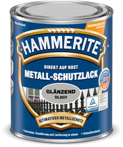 Hammerite Metallschutzlack Glänzend Silber 750ml - Hochgradig witterungs- und UV-beständiger Lack für direkten Rostschutz, hohe Schlag- und Kratzfestigkeit – ideal für langlebige Metalloberflächen.
