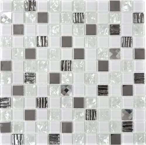 Mosaik Fliesen Edelstahl weiss silber Glasmosaik Mosaikplatte MOS63-CM-424