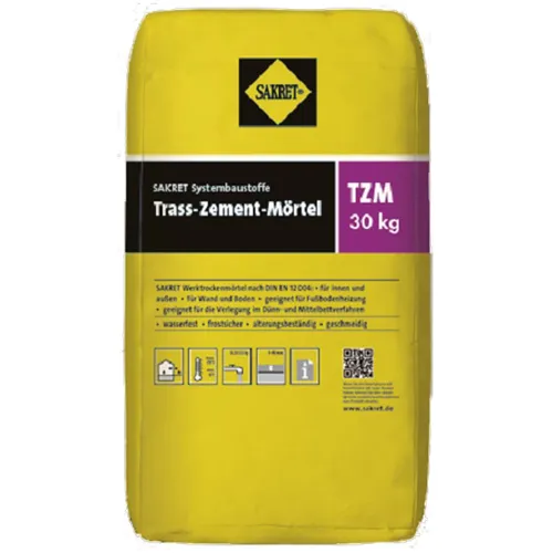 Sakret Trass-Zement-Mörtel TZM 0-4mm grau - Hochwertiger Werktrockenmörtel mit Trass, ideal für langlebige Bauprojekte. 30 kg Sack, nach DIN EN 998-1 genormt, sorgt für optimale Haftung und Stabilität.