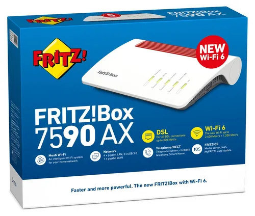 AVM FRITZ!Box 7590 AX - DSL VDSL WLAN Router mit Wi-Fi 6, ultraschnelles 4x4 Dualband WLAN für anspruchsvolle Heimnetze und Smart-Home-Steuerung