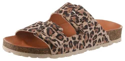Pantolette VERBENAS "Randell Leopardo" - Damen Schlappen mit Softfußbett - Pantoletten aus Leder mit animal-print in braun, ideal für den Sommer. Genießen Sie den Komfort des Softfußbetts und den klassischen Stil für entspannte Tage.