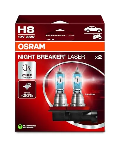 OSRAM NIGHT BREAKER® LASER H8 Halogen Scheinwerferlampe 12V - Autobeleuchtungen mit 35W Leistung, straßenzugelassen und ideal für Nebelscheinwerfer – für optimale Sicht bei allen Wetterbedingungen.
