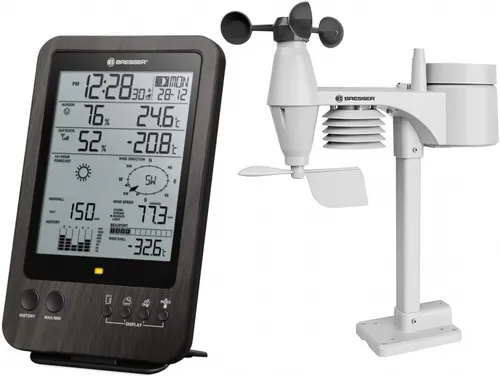 Bresser Wetterstation Funk mit Außensensor 5-in-1 - großes 5,5 Zoll Display, umfassende Wetterdaten und elegante bernsteinfarbene LED Beleuchtung