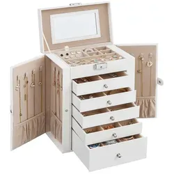 SONGMICS Schmuckkasten mit 6 Ebenen - Schmuckkästen, eleganter Schmuckkasten in Weiß mit seitlichen Klapptüren und viel Platz für Ihre Schmuckstücke.