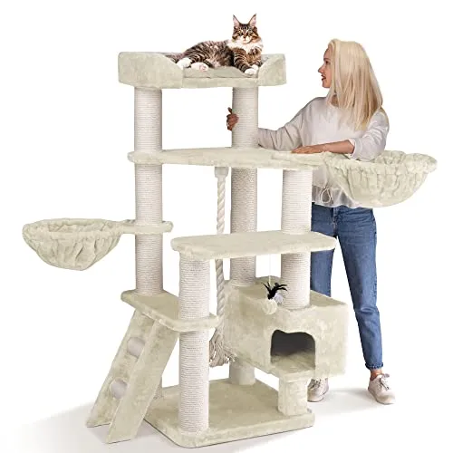Happypet Kratzbaum JACOB XXL 156 cm - Robuster Kratzbaum für große Katzen, mit 12 cm dicken Stämmen und 46 kg schwer für höchste Stabilität und Premium Komfort.