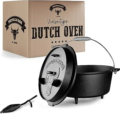 BUFFALO BBQ Feuertopf 7,5 L | Eingebrannter Gusseisen Dutch Oven für Grill & Camping - Der 7,5 L Dutch Oven aus Gusseisen bietet optimale Wärmeverteilung und ist ideal zum Kochen, Braten und Grillen. Perfekt für Campingabenteuer, inkl. Deckelheber und Tragetasche für einfache Handhabung.