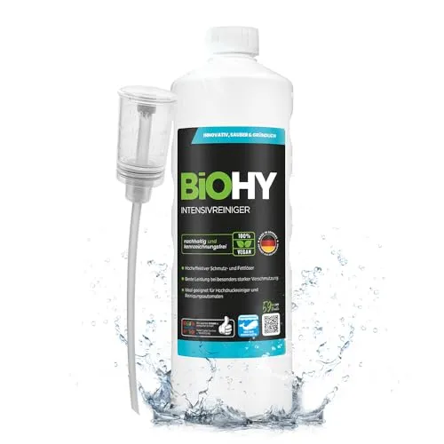 BiOHY Intensivreiniger (1L) + Dosierer | Bodenreiniger Konzentrat für starke Verschmutzungen | Reinigungsmittel für Reinigungsautomaten & Saugwischer | Schaumarm für Fliesen & Hartböden