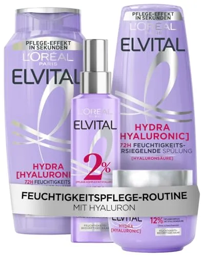 L'Oréal Paris Elvital Hydra Hyaluronic Set für feuchtigkeitsbedürftiges Haar - Das L'Oréal Paris Elvital Hydra Set bietet intensive Feuchtigkeit für 72h. Mit Shampoo, Spülung, Serum und Maske für lebendiges, glänzendes Haar ohne Silikone. Ideal für alle Haartypen, besonders trockenes Haar.