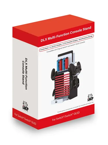 iMP TECH DLX Multi-Function Console Stand für Nintendo Switch - Stylischer, platzsparender Stand für Original- und OLED-Switch. Mit Ladefunktion für bis zu 4 Controller und Platz für 10 Spiele. Einfacher Aufbau und intelligenter Schutzmodus gegen Überladung.