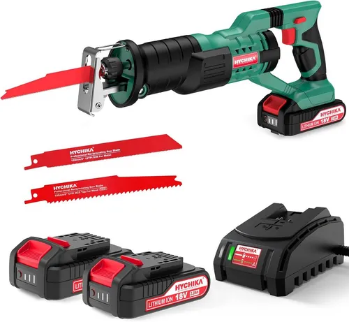 HYCHIKA 18V Akku Säbelsäge mit 2 Sägeblättern - Leistungsstarke Reciprosäge mit variabler Geschwindigkeit von 0-2800 SPM, ideal zum präzisen Schneiden von Holz und Metall. Inklusive 2 Akkus und Schnellladegerät für maximale Flexibilität.