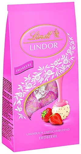 Lindt Lindor Beutel Erdbeer-Sahne, weiße Schokolade mit unendlich zartschmelzender Erdbeer-Sahne Füllung, 137g