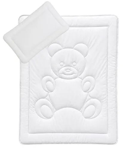 KiGATEX Kinderbettdecke + Kopfkissen Set mit Bärchensteppung, 2-teilig - Gemütliches 2-teiliges Set mit einer 4-Jahreszeiten-Bettdecke und einem weichen Kopfkissen. Ideal für Kinder, allergikerfreundlich und pflegeleicht bei 95° waschbar.