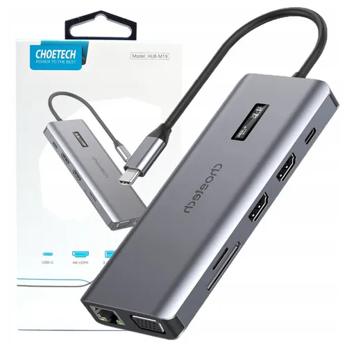 Choetech 12-in-1 Multifunktions-Hub mit Display - Hubs: 12 Anschlüsse für USB-C, USB-A, HDMI und VGA, integriertes LCD-Display zur Statusüberwachung, ideal für Büro und Multimedia.
