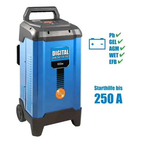 Güde Autobatterie-Ladegerät Digital GDB 12V/24V mit Starthilfe - Batterieladegeräte & Anlasser, vollautomatisches 10-stufiges Laden für Blei-Säure-Batterien mit Rettungsfunktion für tiefentladene Batterien.