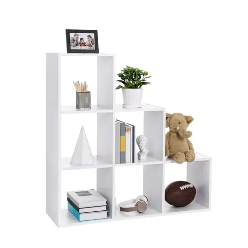 VASAGLE Treppenregal - Weiß, 6 Würfelfächer für Bücher und Deko - Bücherregal mit 6 geräumigen Würfeln, ideal als Raumteiler; robustes Design mit Kippschutz und kratzfester Oberfläche für langfristige Nutzung.