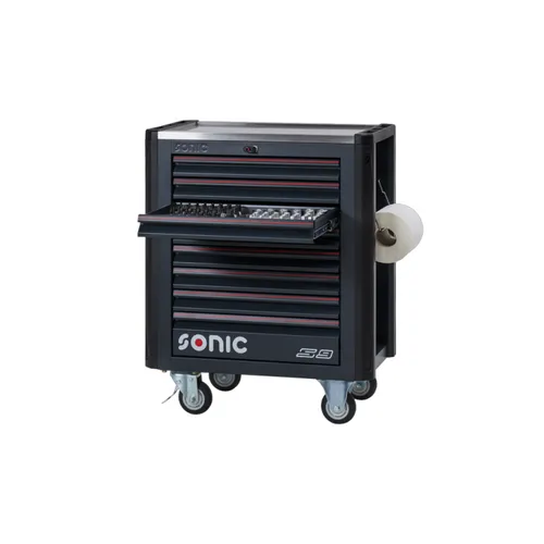Sonic Werkzeugwagen S9 Next gefüllt 249 tlg. Grau - Vielseitiger Werkstattwagen mit 8 Schubladen und 249 Teilen, ideal für die professionelle Nutzung. Robustes Design und praktische Organisation für effizientes Arbeiten.