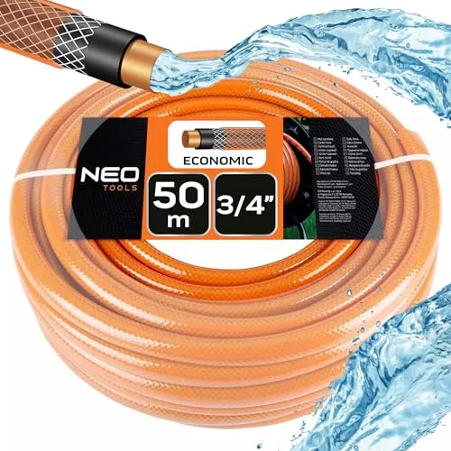 NEO TOOLS Gartenschlauch 3/4 Zoll, 50 m - UV-beständig und flexibel - Der 4-lagige Gartenschlauch aus hochwertigem PVC ist robust, witterungsbeständig und ideal für Gartenbewässerung. Hohe Temperaturbeständigkeit und elastische Eigenschaften machen ihn zum perfekten Begleiter für jeden Garten.