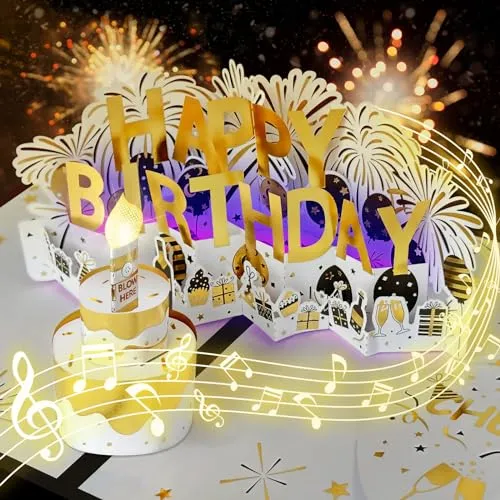 Geburtstagskarte, musikalische Geburtstagskarten mit blasbarem LED-Licht, Kerze Happy Birthday, großer Geburtstagskuchen, Pop-Up-Grußkarten, Geburtstagsgeschenkkarte für Frauen, Männer, Kinder,
