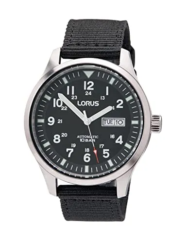 Lorus Herren-Uhr Automatik Edelstahl mit Textilband RL411BX9 - Armbanduhren für Herren, mit robustem Edelstahlgehäuse und flexiblem Textilband für höchsten Tragekomfort. 10 BAR wasserdicht und mit Leuchtbeschichtung für optimale Lesbarkeit im Dunkeln.