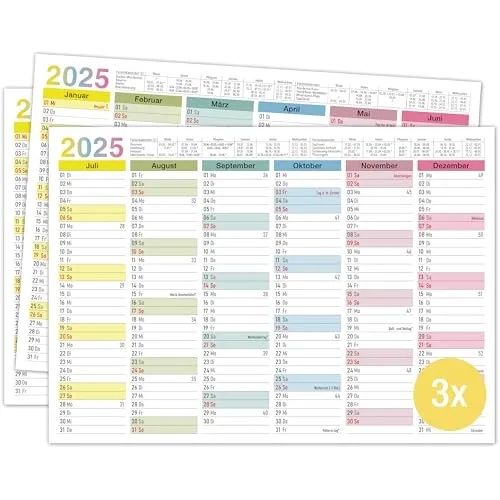 TOBJA Tafelkalender 2025 A4 - Kalender 2025 "Bunt" mit Ferien & Feiertagen | Wandkalender, Jahreskalender 2025 DIN A4 als Jahresplaner | Blattkalender 12 Monate Vorder- und Rückseite (3 Stück Papier)