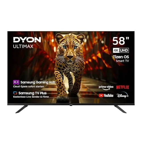 DYON ULTIMAX 58U-TI – 58 Zoll 4K Ultra-HD Smart TV mit Tizen OS - Erlebe brillante 4K Ultra-HD-Bilder auf einem 58-Zoll-Display. Intuitive Bedienung mit Tizen OS und zahlreiche Multimediafunktionen für ein erstklassiges Fernseherlebnis. Genieße Streaming ohne Abo!