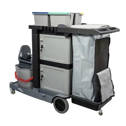 Sprintus PuriX PRO Reinigungswagen verschließbar - Vielseitiger Reinigungswagen mit seitlicher Moppablage und stabiler Mopp-Presse. Ergonomischer Schubbügel und farblich getrennte Wischeimer für effiziente Reinigung. Ideal für den professionellen Einsatz.